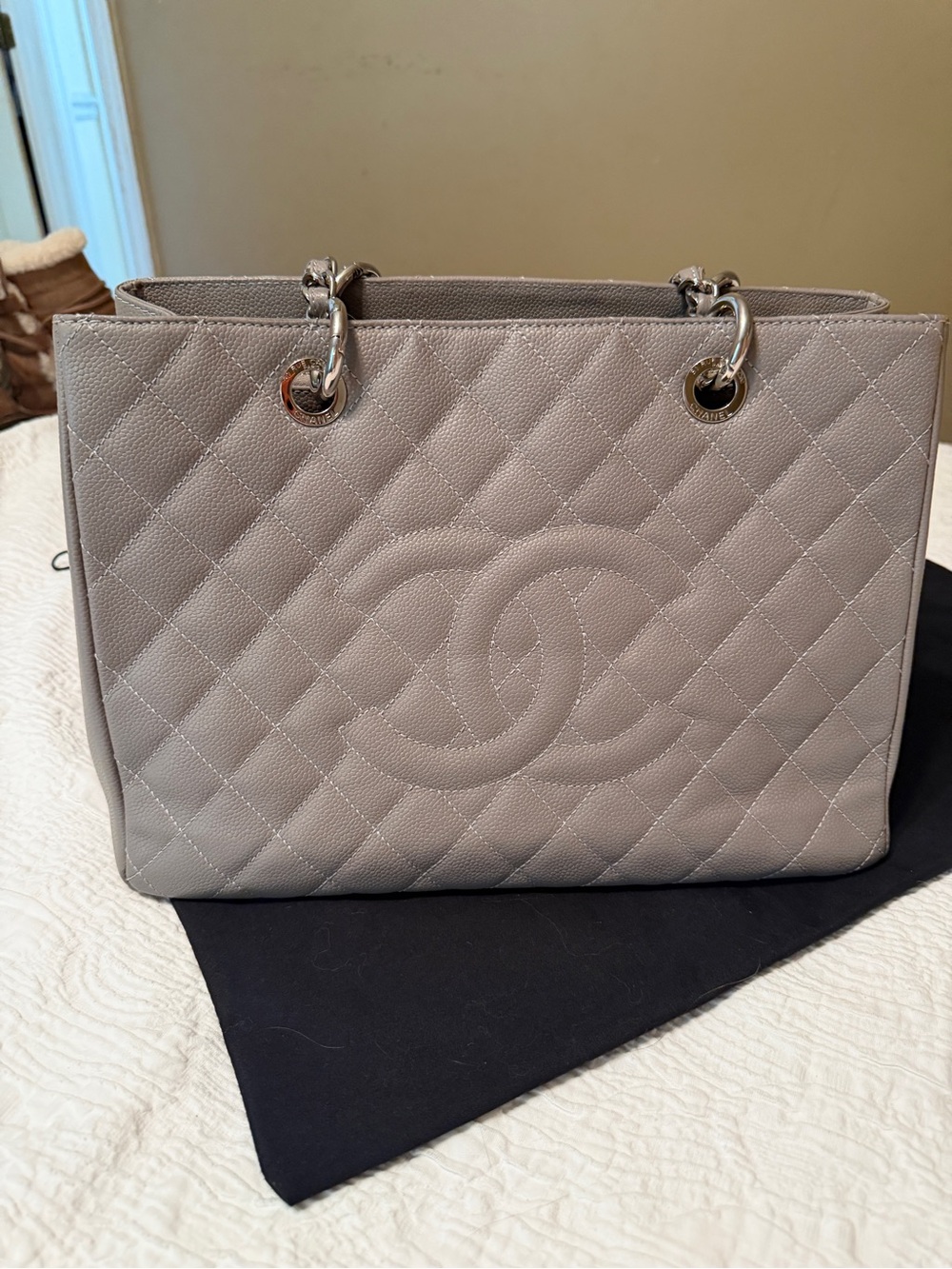 CHANEL Quilted Tote in Light Gray with CC Logo